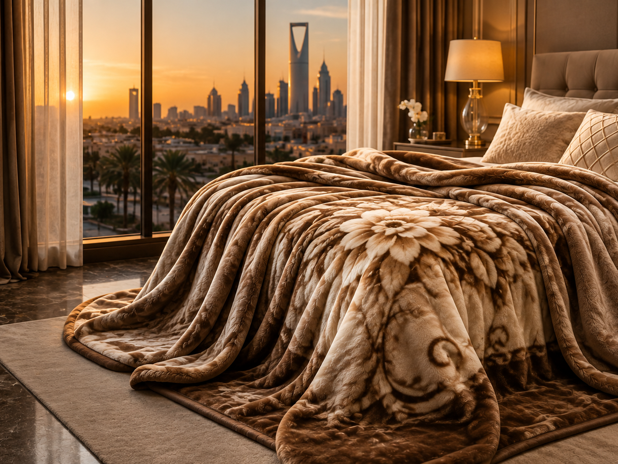 Luxury plush mink blanket with elegant floral pattern on a bed manufactured by Matanah Furniture in Riyadh