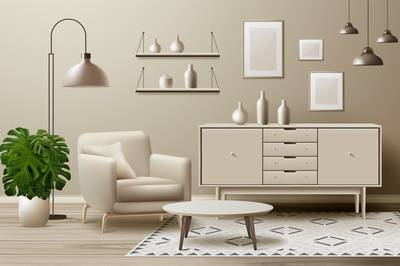 Modern living room interior with beige armchair, minimalist sideboard, round coffee table, floor lamp, indoor plant, and neutral wall art décor